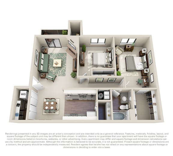 this is a 3d floor plan of a 846 square foot 1 bedroom apartment at the
