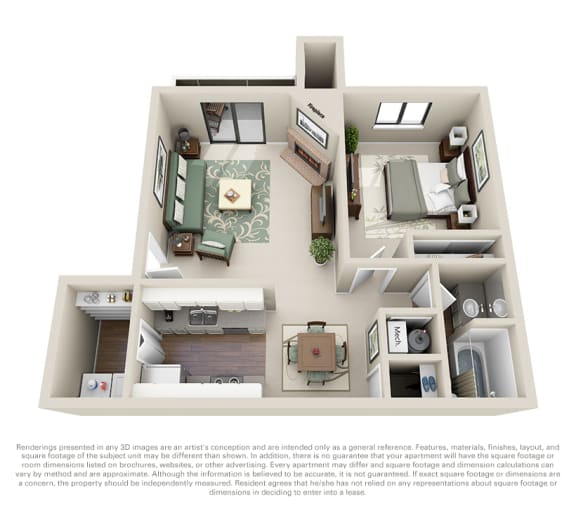 this is a 3d floor plan of a 884 square foot 1 bedroom apartment at the