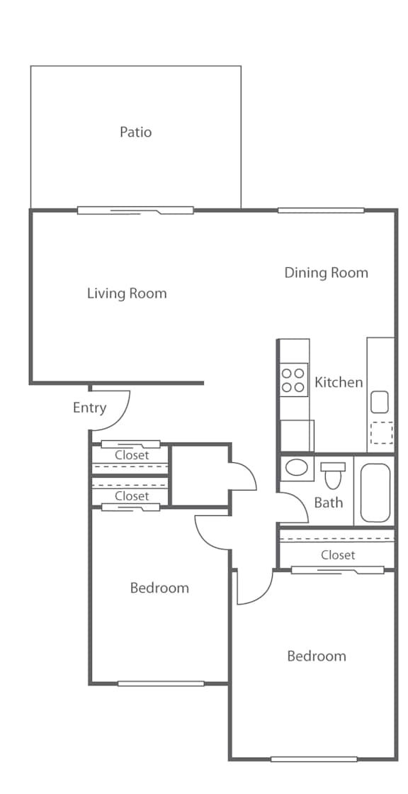 A floor plan of a house with two bedrooms, a living room, a dining room, a kitchen, a bath, and a patio.