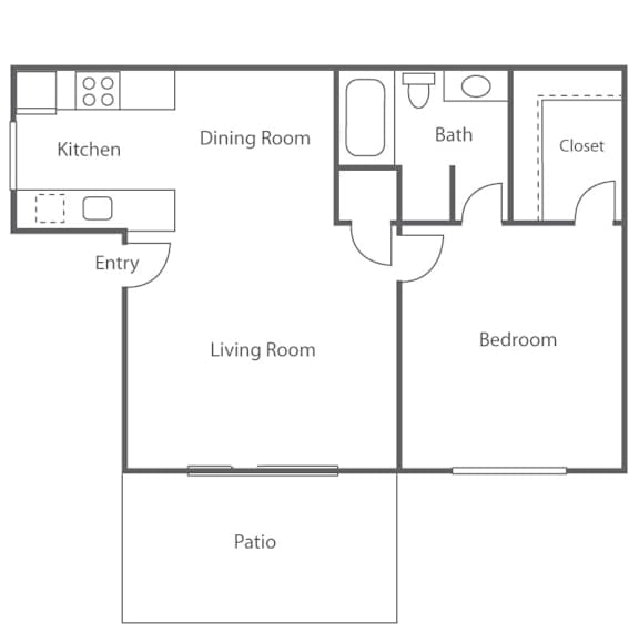 A floor plan of a house with a kitchen, dining room, living room, bedroom, bath, closet, and patio.