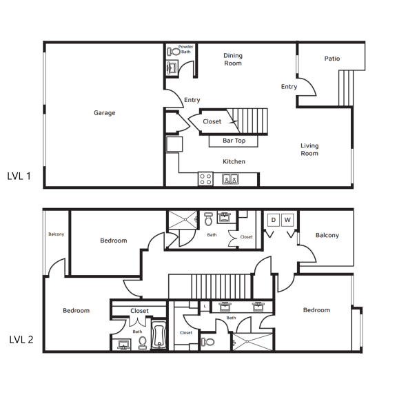 a floor plan of a two story home with two bedrooms and two baths