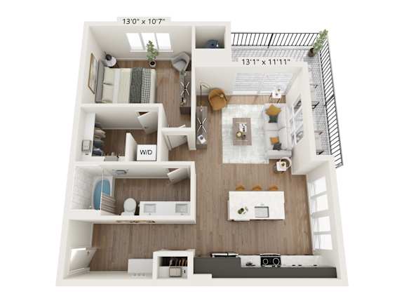 A floor plan of a small apartment with a kitchen, living room, and bathroom.