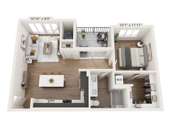 A floor plan of a small apartment with a living room, kitchen, and bathroom.