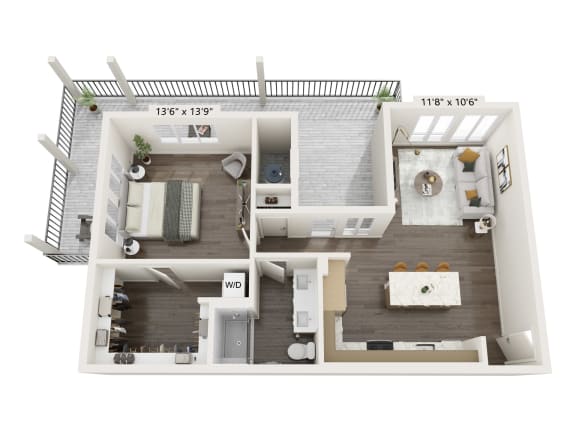 a 1 bedroom floorplan with a bathroom and a living room