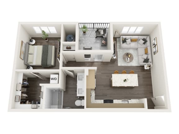 a stylized floor plan with a bedroom and a living room