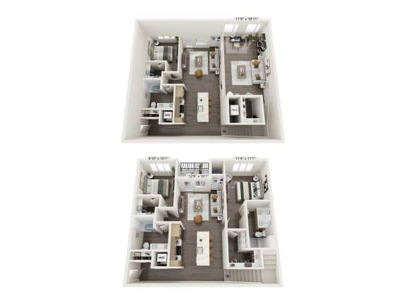 a stylized floor plan with two different layouts of bedrooms and baths