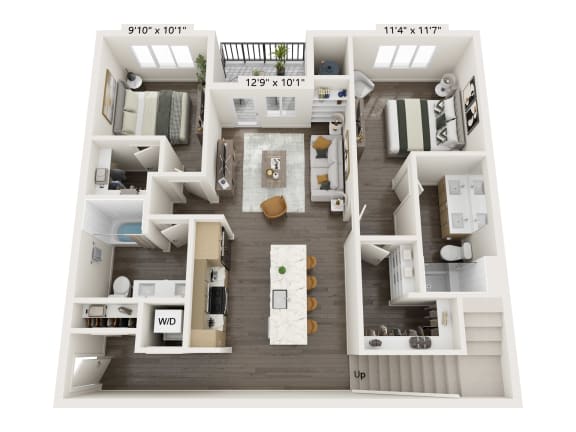 a 3d floor plan of a house with a bedroom and a living room
