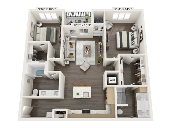 a 3d floor plan of a house with a bedroom and a living room