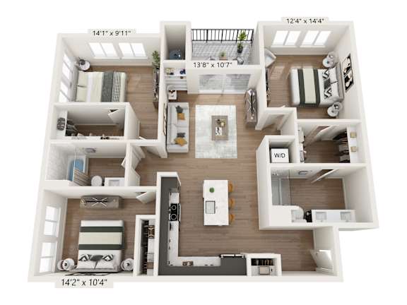 Floor Plan  A 14&#x27;1&quot; x 9&#x27;11&quot; floor plan of a two-bedroom apartment with a living room, kitchen, and bathroom.