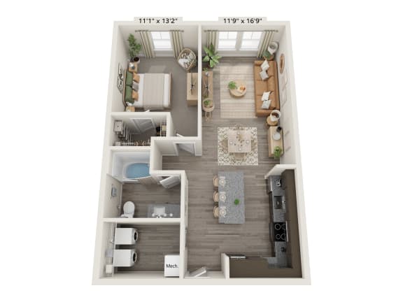 a 1 bedroom floorplan with a bathroom and a living room
