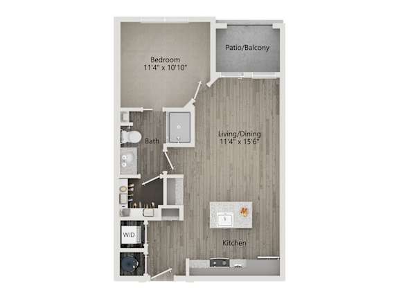 Floor Plan  A floor plan of a small apartment with a bedroom, bathroom, living/dining area, kitchen, and a patio/balcony.