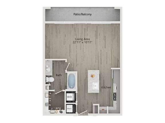 Floor Plan  Studio 3D floorplan with bathtub, private balcony, open concept