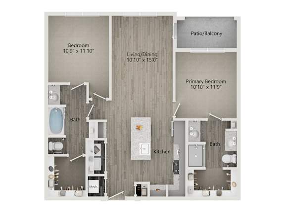 Floor Plan  A floor plan of a home with a living room, dining room, kitchen, two bathrooms, a bedroom, and a patio/balcony.