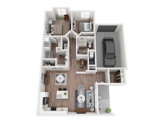 A 3D floor plan of a house with a kitchen, living room, and bathroom.