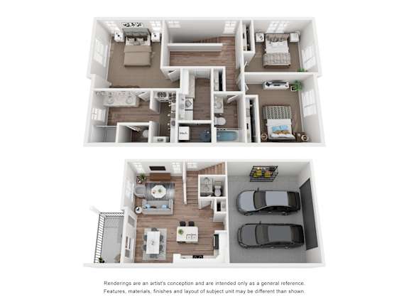 A floor plan of a house with two bedrooms, two bathrooms, a living room, a kitchen, and a garage.