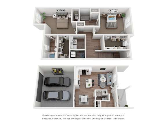 A floor plan of a two-story house with a garage and a living room on the first floor and a bedroom with a balcony on the second floor.