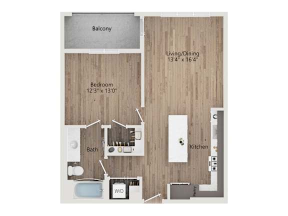 A floor plan of a small apartment with a balcony, living/dining area, bedroom, bathroom, kitchen, and hallway.
