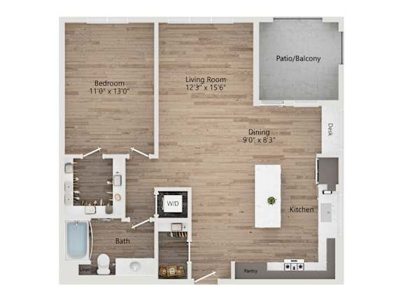 A floor plan of a home showing a bedroom, living room, dining room, kitchen, bathroom, and pantry.