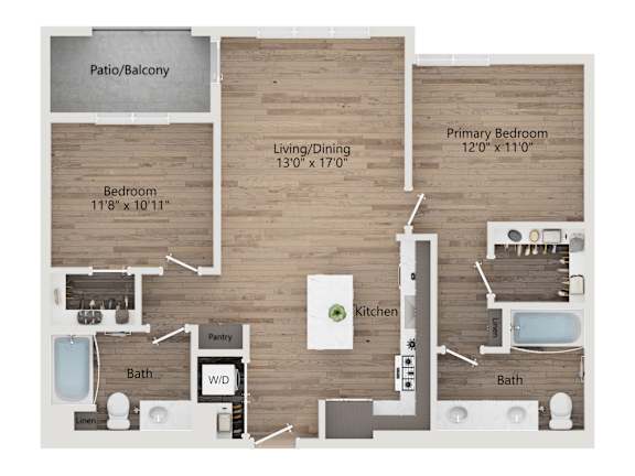 A floor plan of a house with a living room, dining room, kitchen, two bathrooms, a pantry, and two bedrooms.