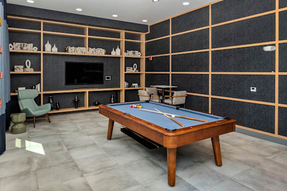 a games room with a pool table and a tv