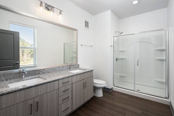 A modern bathroom with a walk-in shower and double sinks.