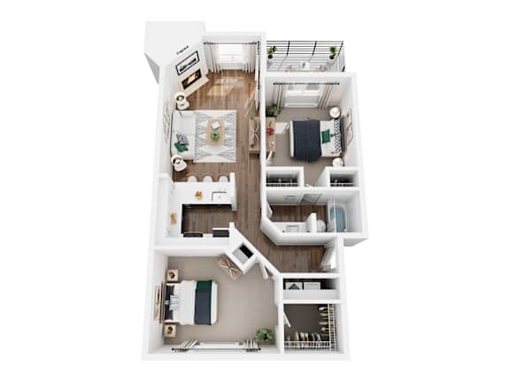 A top-down view of a small apartment with a kitchen, living room, and bedroom.
