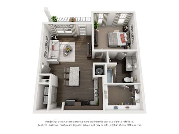 A 3D floor plan of a small apartment with a kitchen, living room, and bedroom.
