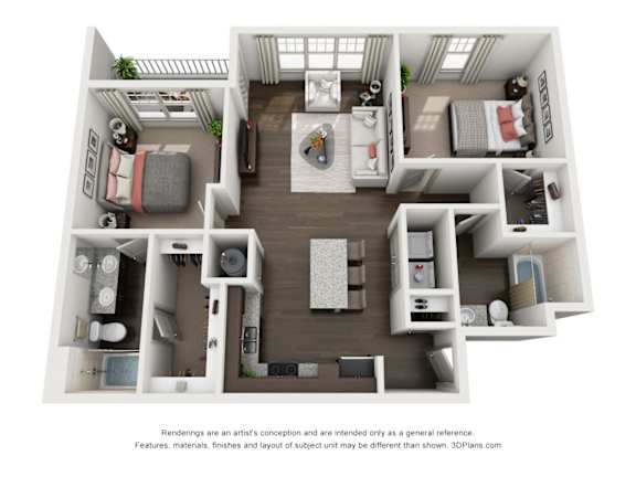 A 3D floor plan of a small apartment with a kitchen, living room, and bedrooms.