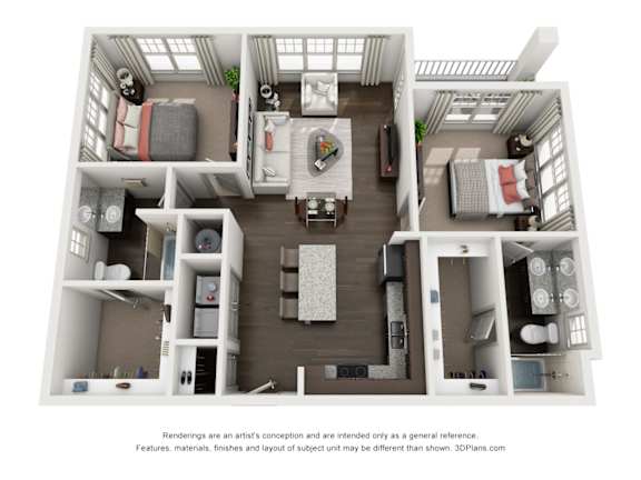 A 3D floor plan of a house with a kitchen, living room, dining room, and two bedrooms.