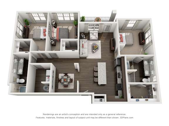 A 3D floor plan of a house with a kitchen, living room, and bedrooms.