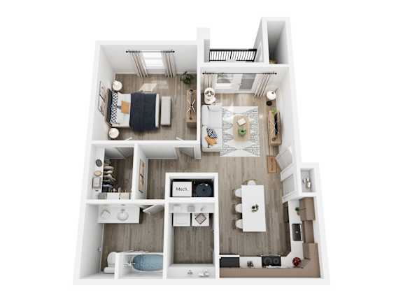 A top-down view of a small, neatly organized apartment with a kitchen, living room, and bathroom.