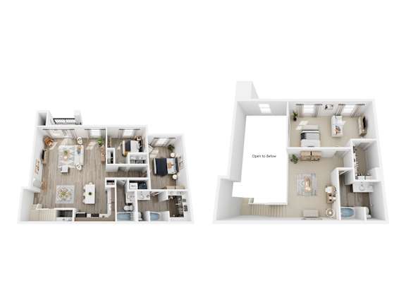 A diagram of a house with two different layouts, one with an open floor plan and one with separate rooms.