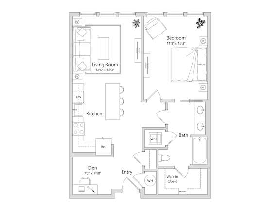 A floor plan of a small apartment with a living room, kitchen, bathroom, and bedroom.