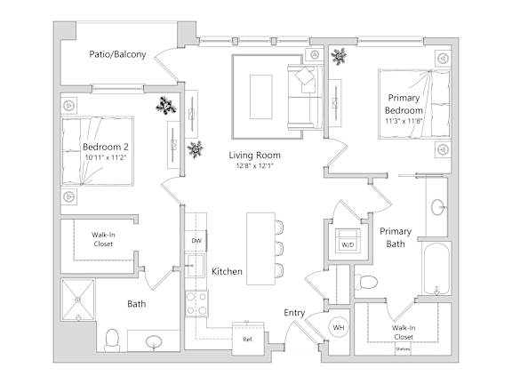 A floor plan of a house with a living room, two bedrooms, a bathroom, a kitchen, and a walk-in closet.