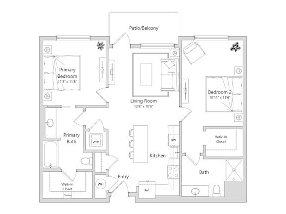 A floor plan of a home with a living room, two bedrooms, a kitchen, and a bathroom.