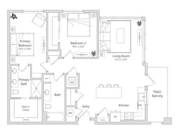 A floor plan of a house with a primary bedroom, a living room, a kitchen, a bathroom, and a patio/balcony.