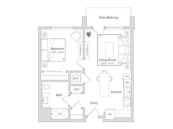 A floor plan of a home with a living room, dining room, kitchen, bathroom, bedroom and a patio/balcony.