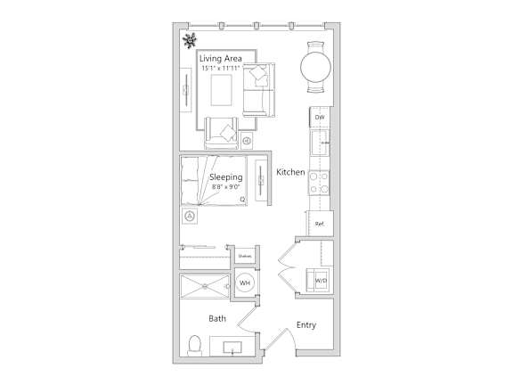 A floor plan of a small apartment with a living area, sleeping area, kitchen, bath, and entry.