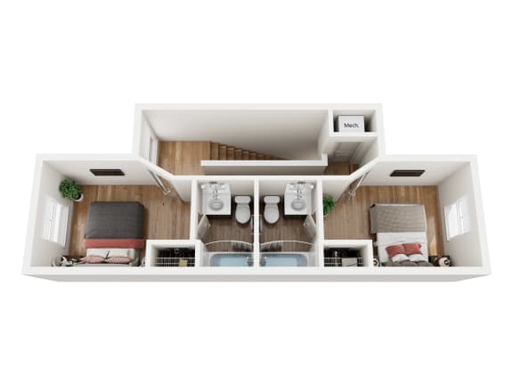 a stylized floor plan with a bedroom and living room