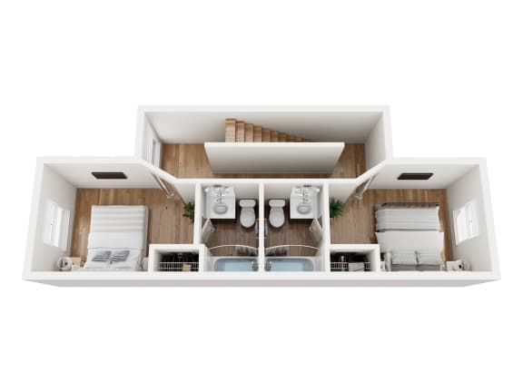 a 3d rendering of a bedroom with a living room