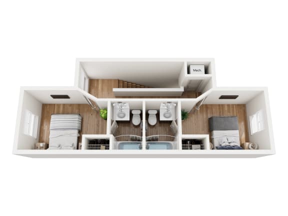 a bedroom with a bathroom and a living room