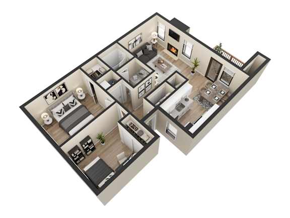 A 3D floor plan of a house with multiple rooms.