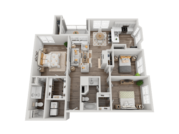 A 3D rendered image of a house layout.
