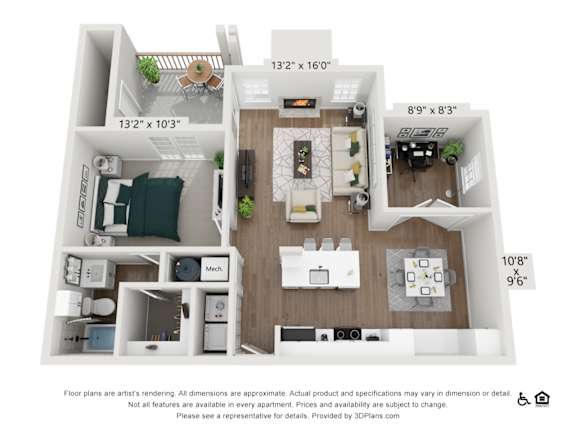 A 3D floor plan of a small apartment with a kitchen, living room, and bedroom.