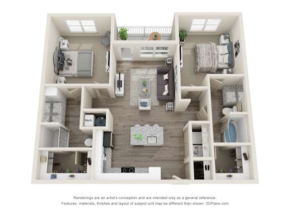 A 3D floor plan of a house with a kitchen, living room, and two bedrooms.