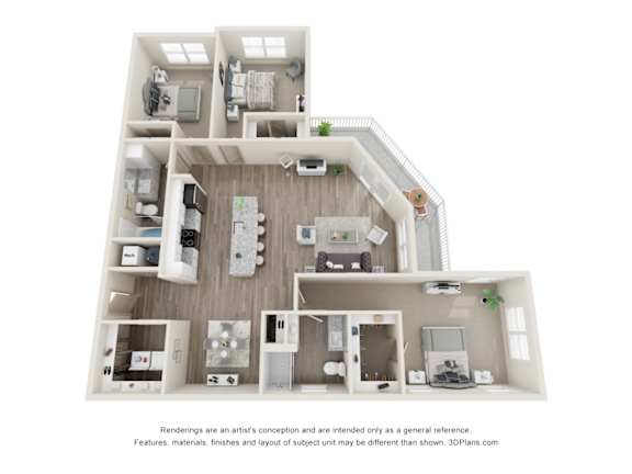 A 3D floor plan of a house with a kitchen, living room, and two bedrooms.