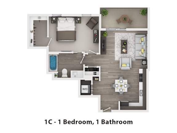 A floor plan of a one bedroom apartment with one bathroom.