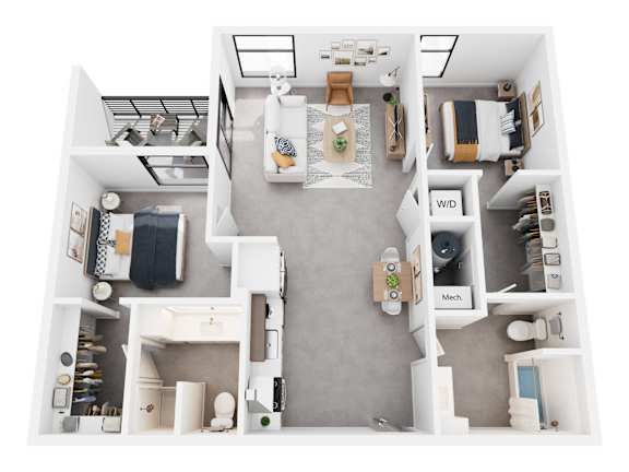 A top-down view of a small apartment with a kitchen, living room, and bathroom.