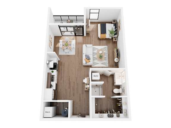A top down view of a small apartment with a kitchen, living room, and bathroom.