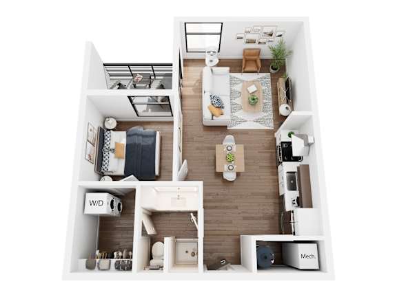 A top down view of a small apartment with a kitchen, living room, and bathroom.